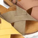 NUBUCK leather sandal shoes for toddler girls with crossed straps and white soles.