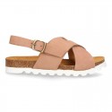 NUBUCK leather sandal shoes for toddler girls with crossed straps and white soles.