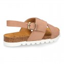 NUBUCK leather sandal shoes for toddler girls with crossed straps and white soles.