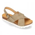 NUBUCK leather sandal shoes for toddler girls with crossed straps and white soles.