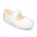 New Cotton canvas Mary Janes Bamba type shoes with velcro strap and toe cap.