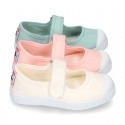 New Cotton canvas Mary Janes Bamba type shoes with velcro strap and toe cap.