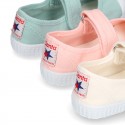 New Cotton canvas Mary Janes Bamba type shoes with velcro strap and toe cap.