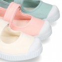 New Cotton canvas Mary Janes Bamba type shoes with velcro strap and toe cap.