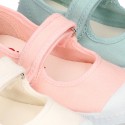 New Cotton canvas Mary Janes Bamba type shoes with velcro strap and toe cap.