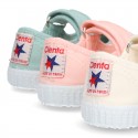 New Cotton canvas Mary Janes Bamba type shoes with velcro strap and toe cap.