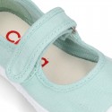 New Cotton canvas Mary Janes Bamba type shoes with velcro strap and toe cap.