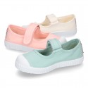 New Cotton canvas Mary Janes Bamba type shoes with velcro strap and toe cap.