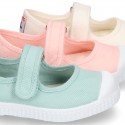 New Cotton canvas Mary Janes Bamba type shoes with velcro strap and toe cap.