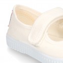 New Cotton canvas Mary Janes Bamba type shoes with velcro strap and toe cap.