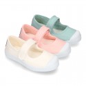 New Cotton canvas Mary Janes Bamba type shoes with velcro strap and toe cap.