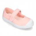 New Cotton canvas Mary Janes Bamba type shoes with velcro strap and toe cap.