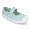 New Cotton canvas Mary Janes Bamba type shoes with velcro strap and toe cap.