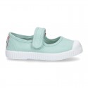 New Cotton canvas Mary Janes Bamba type shoes with velcro strap and toe cap.