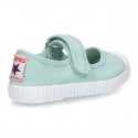 New Cotton canvas Mary Janes Bamba type shoes with velcro strap and toe cap.