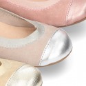 Classic suede leather ballet flat shoes with elastic band and METAL toe cap.