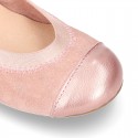 Classic suede leather ballet flat shoes with elastic band and METAL toe cap.