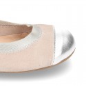 Classic suede leather ballet flat shoes with elastic band and METAL toe cap.