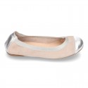 Classic suede leather ballet flat shoes with elastic band and METAL toe cap.