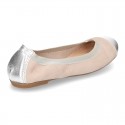 Classic suede leather ballet flat shoes with elastic band and METAL toe cap.