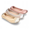 Classic suede leather ballet flat shoes with elastic band and METAL toe cap.