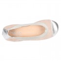 Classic suede leather ballet flat shoes with elastic band and METAL toe cap.