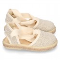 LINEN canvas Dancer style espadrille shoes in NATURAL color.