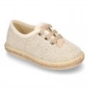 LINEN canvas Laces up style espadrille shoes in NATURAL color.