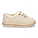 LINEN canvas Laces up style espadrille shoes in NATURAL color.