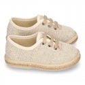 LINEN canvas Laces up style espadrille shoes in NATURAL color.