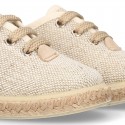 LINEN canvas Laces up style espadrille shoes in NATURAL color.