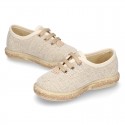 LINEN canvas Laces up style espadrille shoes in NATURAL color.