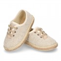 LINEN canvas Laces up style espadrille shoes in NATURAL color.