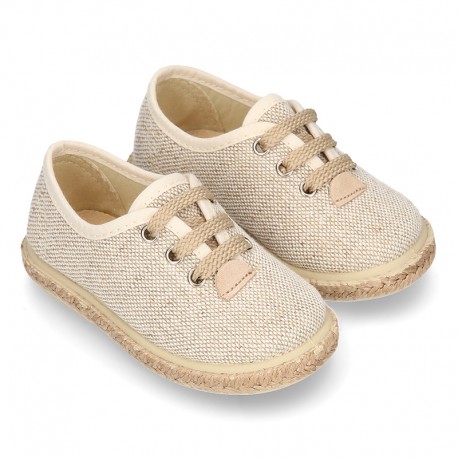 LINEN canvas Laces up style espadrille shoes in NATURAL color.