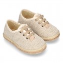 LINEN canvas Laces up style espadrille shoes in NATURAL color.