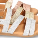 Thin GLITTER leather sandal shoes with straps design for toddler girls.