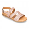 Thin GLITTER leather sandal shoes with straps design for toddler girls.