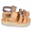 New leather Sandals espadrille style with parallels straps.