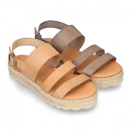 New leather Sandals espadrille style with parallels straps.