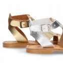 New METAL leather sandal shoes with engraved design for toddler girls.