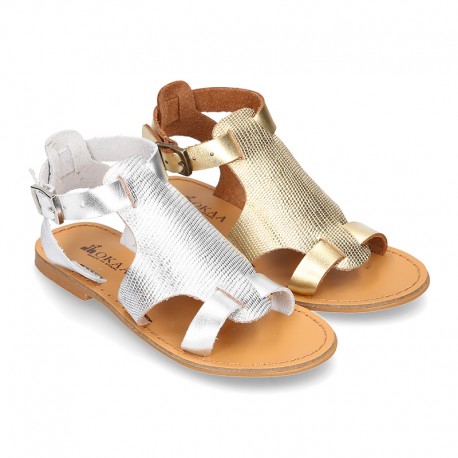 New METAL leather sandal shoes with engraved design for toddler girls.