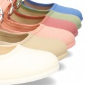 New Cotton canvas Mary Jane shoes with japanese buckle fastening in pastel colors.