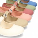 New Cotton canvas Mary Jane shoes with japanese buckle fastening in pastel colors.