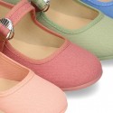 New Cotton canvas Mary Jane shoes with japanese buckle fastening in pastel colors.