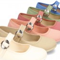 New Cotton canvas Mary Jane shoes with japanese buckle fastening in pastel colors.