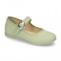 New Cotton canvas Mary Jane shoes with japanese buckle fastening in pastel colors.