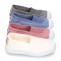 Cotton canvas kids Bamba type shoes with central elastic band and toe cap.