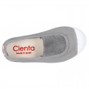 Cotton canvas kids Bamba type shoes with central elastic band and toe cap.