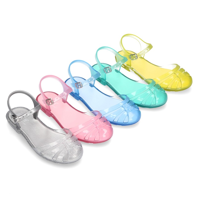Jelly ballet style shoes with buckle fastening for beach and pool use ...