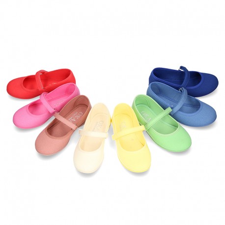 Cotton canvas little Mary Jane shoes with velcro strap in NEW seasonal COLORS.